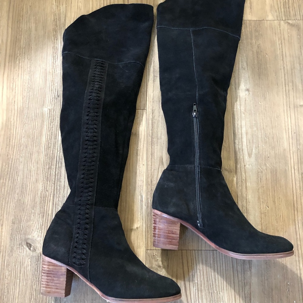 Black Suede Knee High Braided Boots
